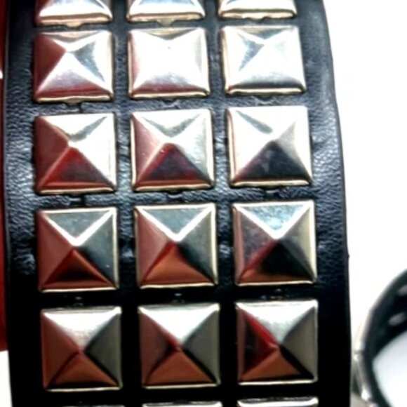 Gothic Studded Vegan Leather Belt + Double Row Studded Bracelet Unisex -Black - Picture 8 of 12